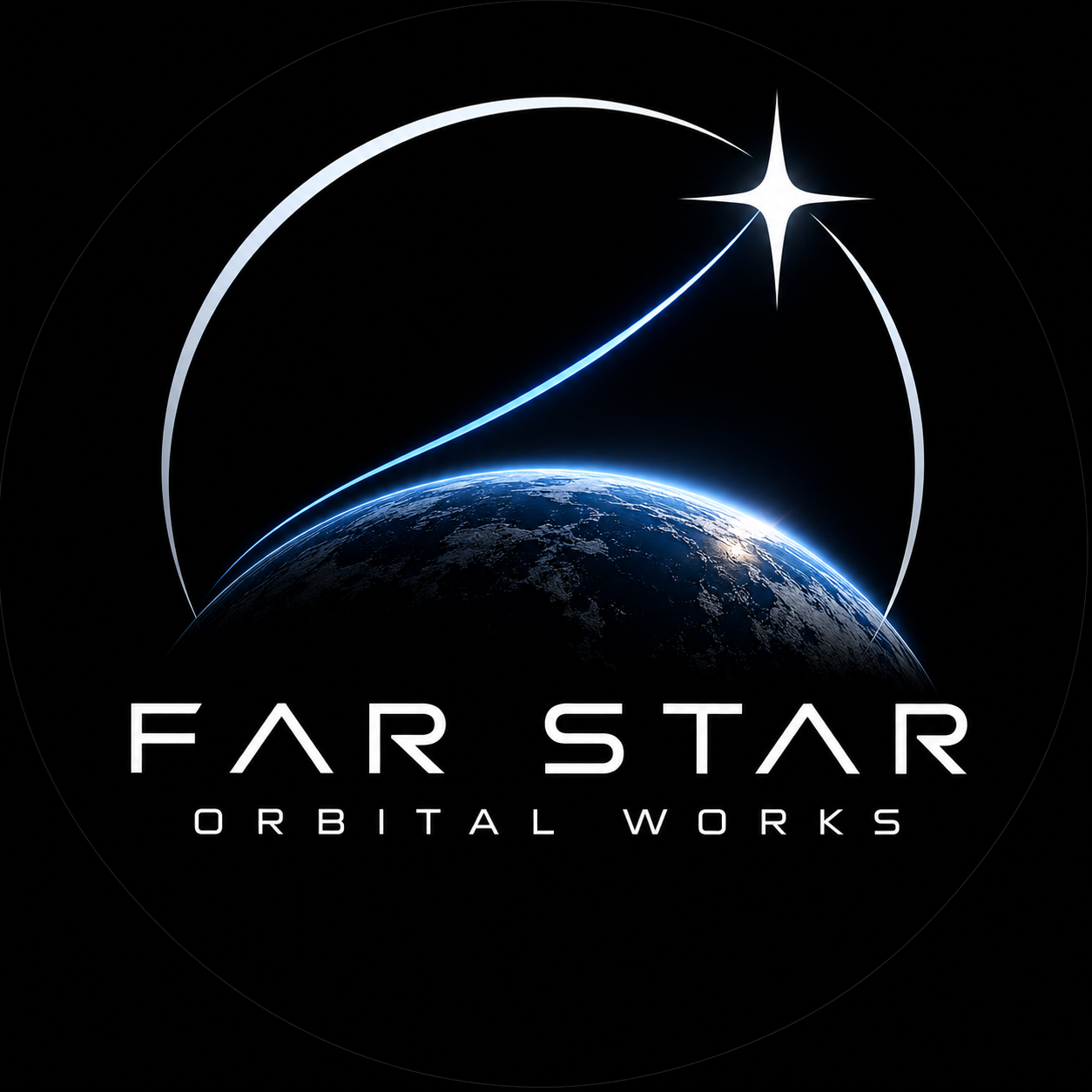 Far Star Orbital Works logo: Earth, a silver orbital ring, a four-pointed star, and the Far Star Orbital Works name
